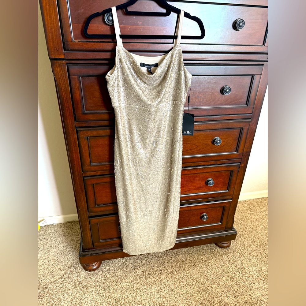 WHBM gold cowl neck midi cocktail dress
